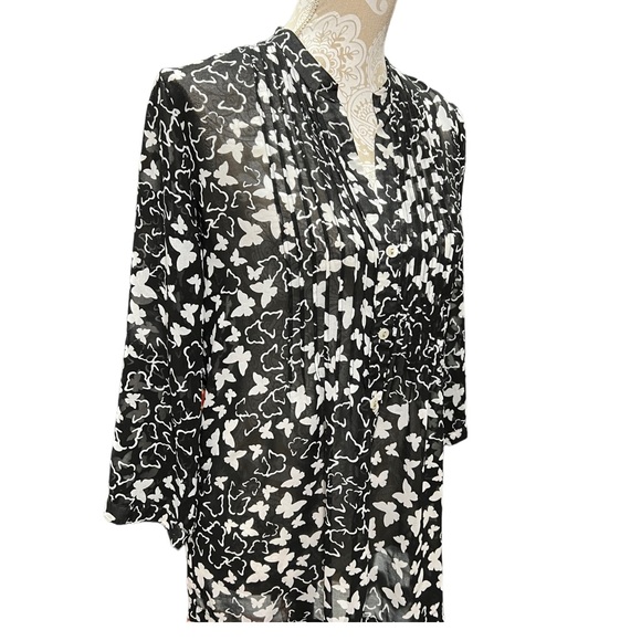Charter Club Top Butterfly Black White Sheer Button-Front Blouse Women's M - Picture 7 of 12